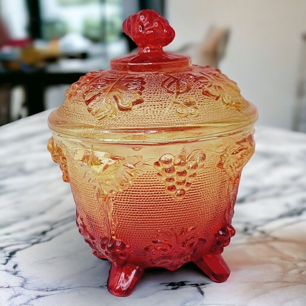 VTG Jeannette Harvest Grapes Amber Red Carnival Glass Footed Covered Candy Dish